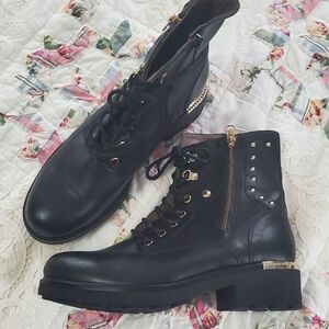NWOT/B NeroGiardini Dual-Zip Leather Combat Boot , Black Leather , EU 41 US 9.5